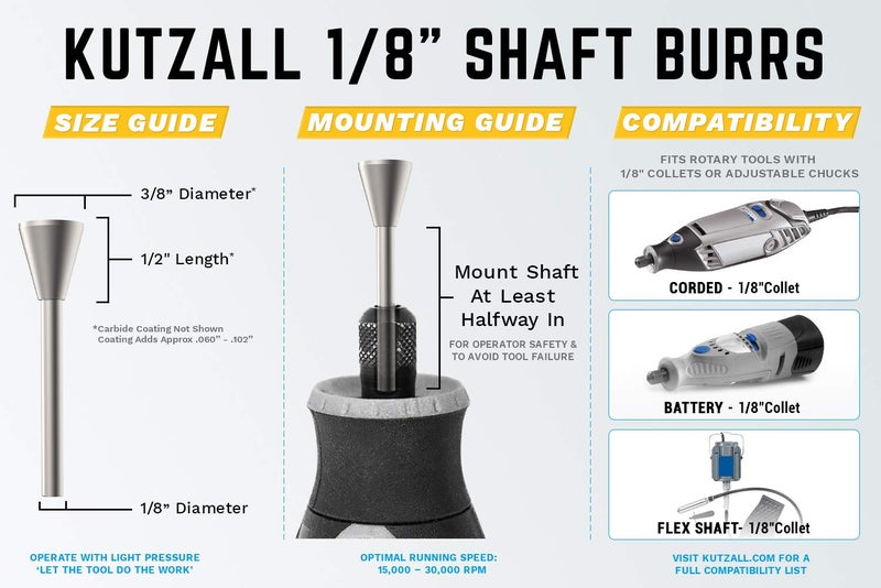 Kutzall Original Dove Tail Rotary Burr, 1â„8" Shaft, Fine - Wood Carving Bit for Dremel, Foredom, DeWalt, Milwaukee. Abrasive Tungsten Carbide, 3â„8" (9.5mm) Dia. X 1â„2" (12.7mm) Length, DT-38-EG - Image 3